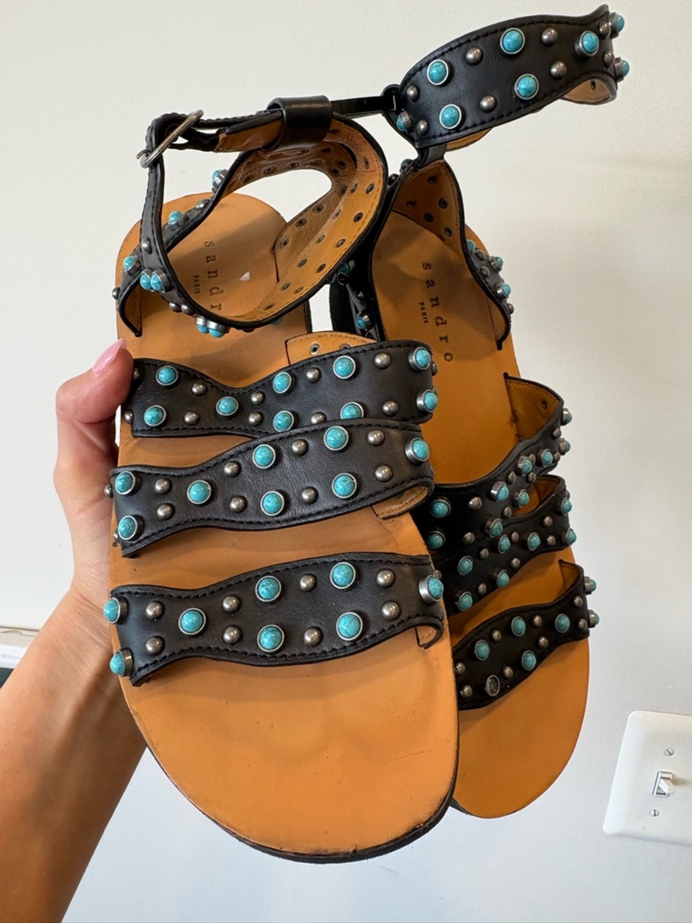 Sandro brown Leather Studded Ankle-Strap Sandals with Turquoise Accents eu 37 - Picture 3 of 6
